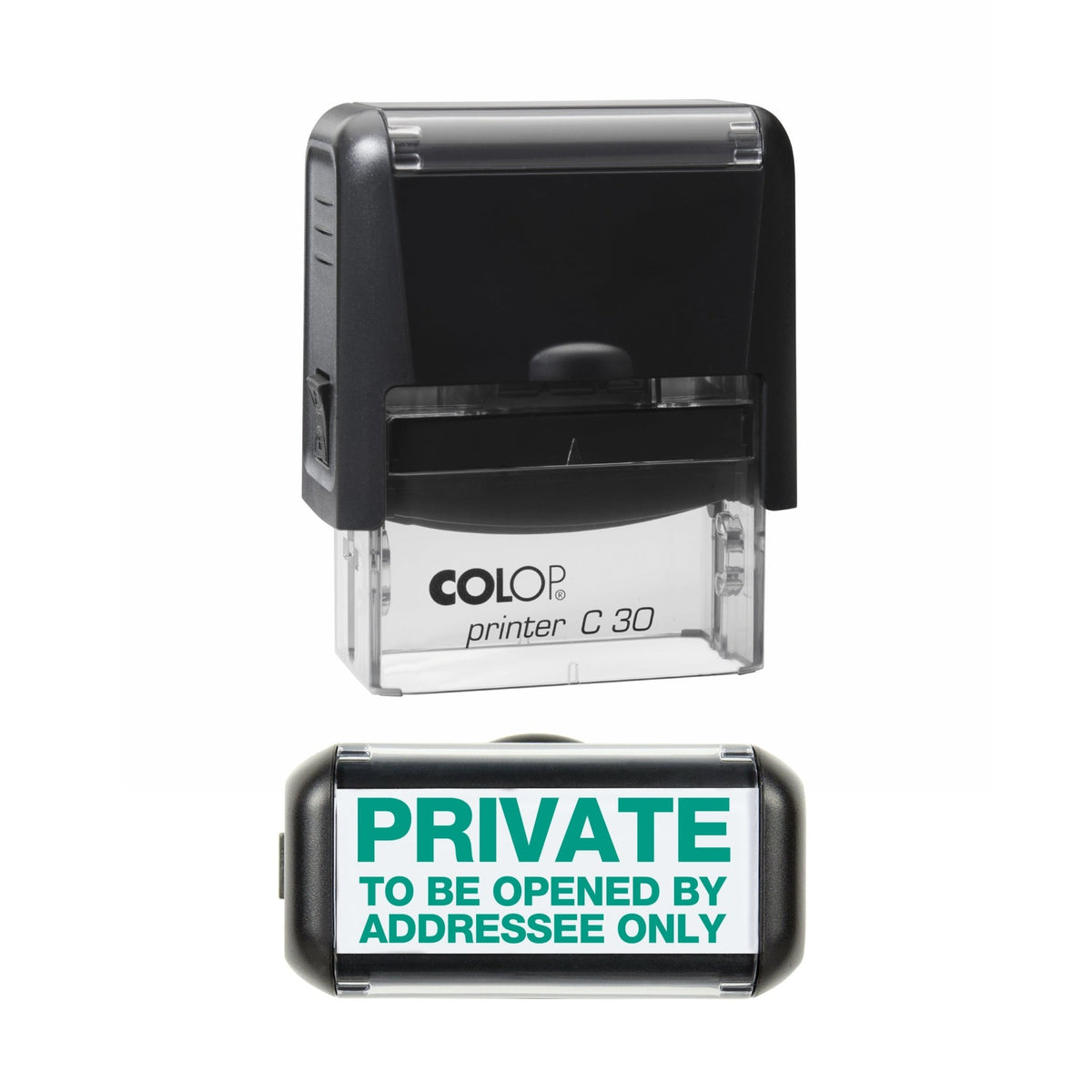 Stamp showing the Private, Open By Addressee Only design, 45 x 18mm COLOP C30 self-inking stamp, green ink