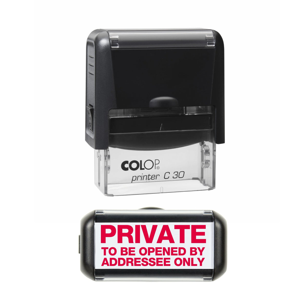 Stamp showing the Private, Open By Addressee Only design, 45 x 18mm COLOP C30 self-inking stamp, red ink