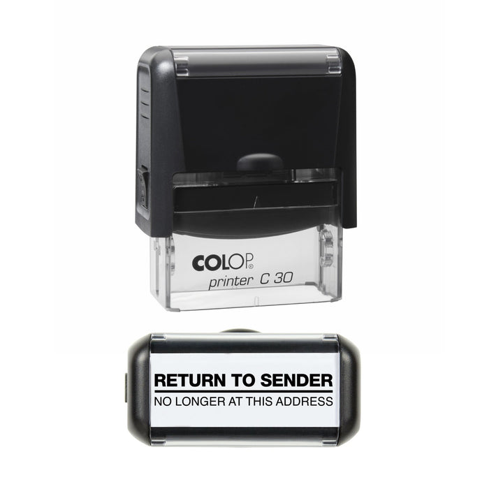 Stamp showing the Return To Sender, No Longer At This Address design, 45 x 18mm COLOP C30 self-inking stamp, black ink