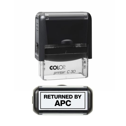 Stamp showing the Returned by APC design, 45 x 18mm COLOP C30 self-inking stamp, black ink