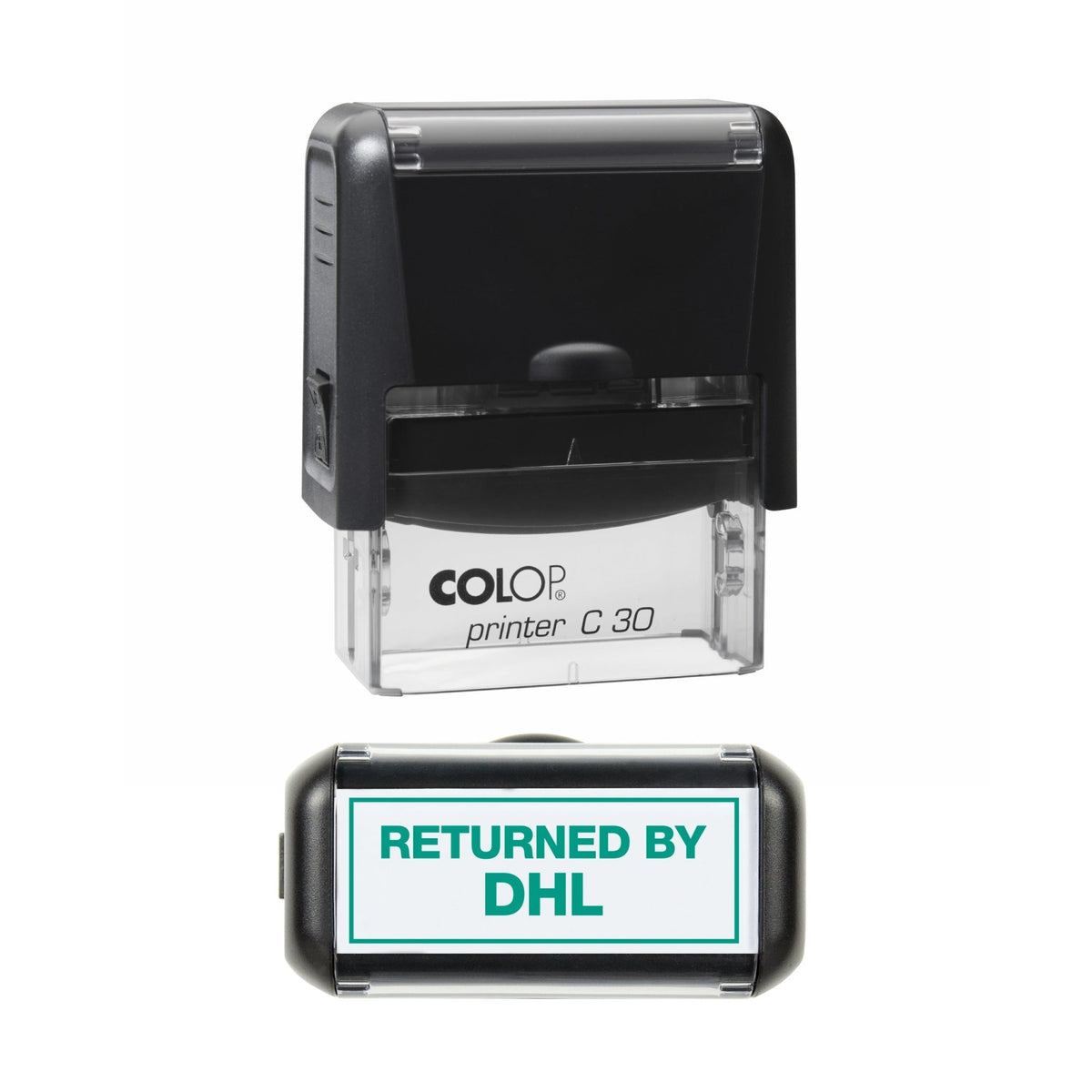 Stamp showing the Returned by DHL design, 45 x 18mm COLOP C30 self-inking stamp, green ink
