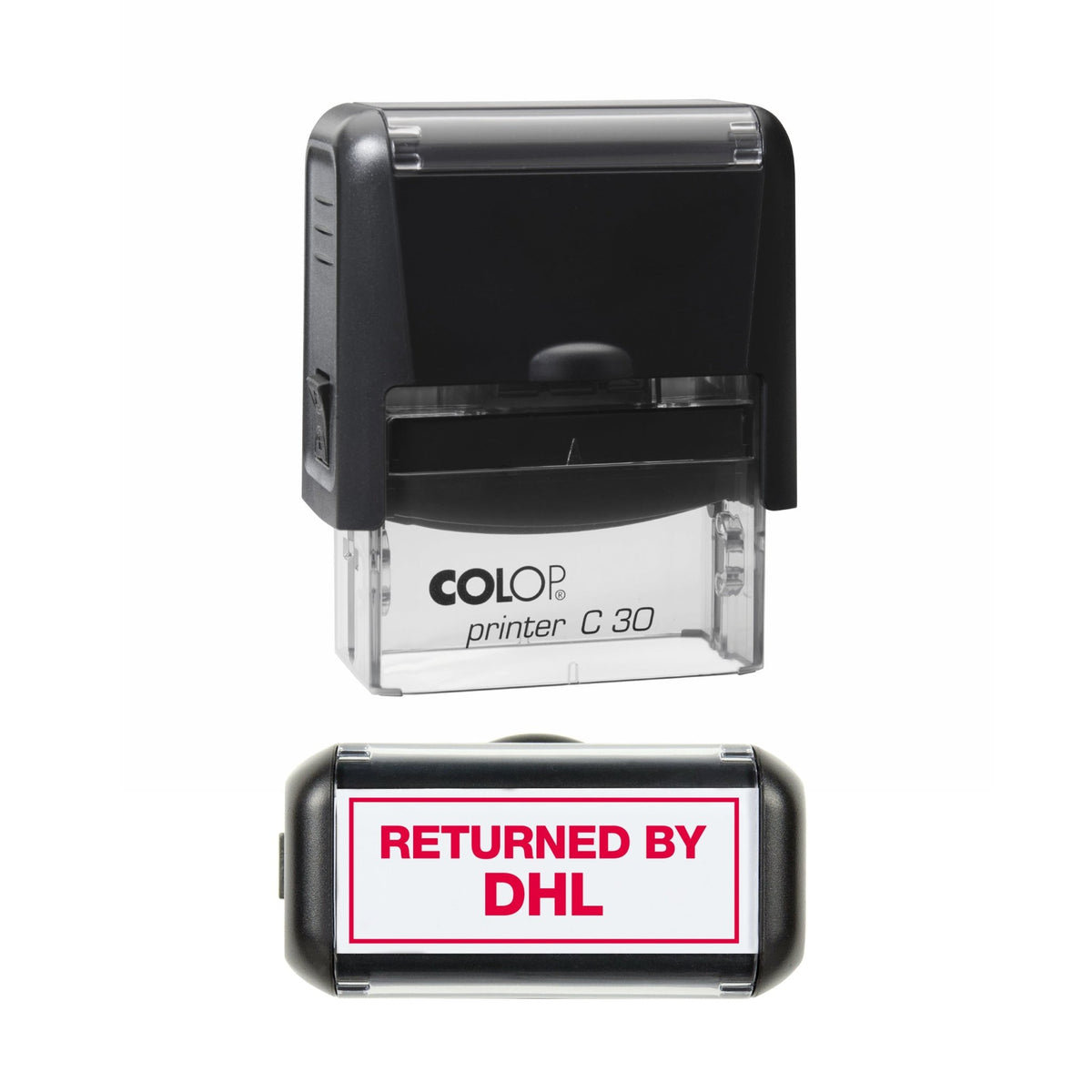 Stamp showing the Returned by DHL design, 45 x 18mm COLOP C30 self-inking stamp, red ink