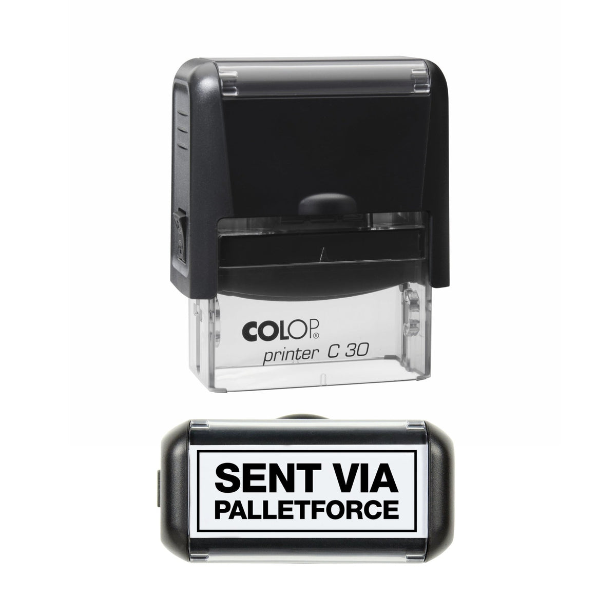 Stamp showing the Sent via Palletforce design, 45 x 18mm COLOP C30 self-inking stamp, black ink