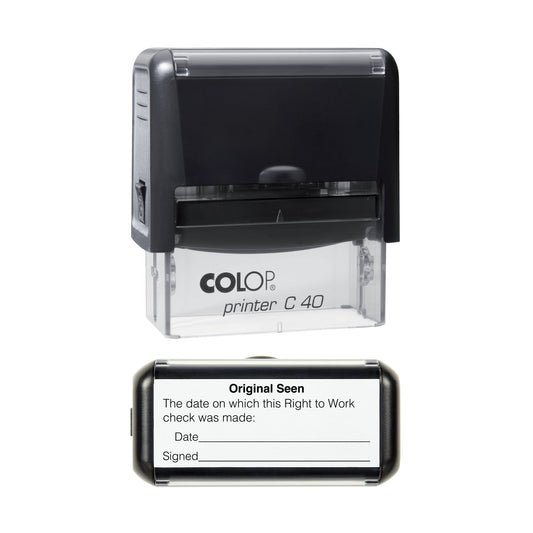 Stamp showing the Right To Work Date Check and Sign Certified design, 58 x 22mm COLOP C40 self-inking stamp, black ink