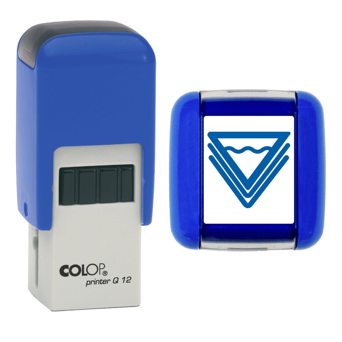 Stamp showing sandwich symbol, 12 x 12mm COLOP Q12 self-inking stamp, blue ink