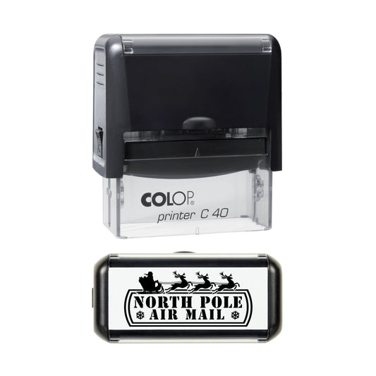 Stamp showing the Santa's Air Mail design, 58 x 22mm COLOP C40 self-inking stamp, black ink