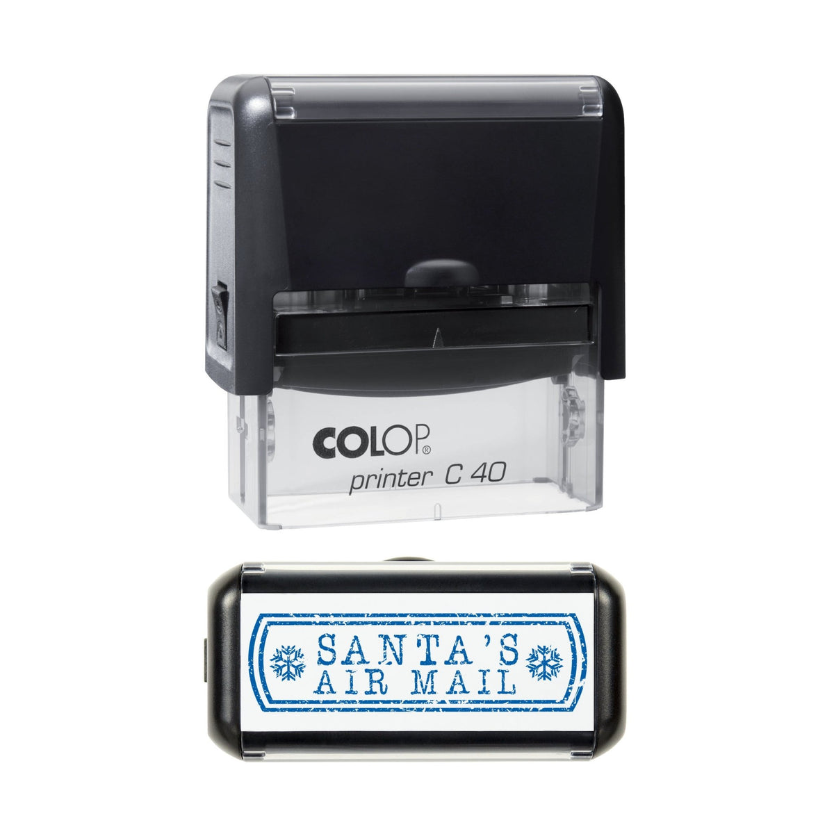 Stamp showing the Santa's Air Mail design, 58 x 22mm COLOP C40 self-inking stamp, blue ink