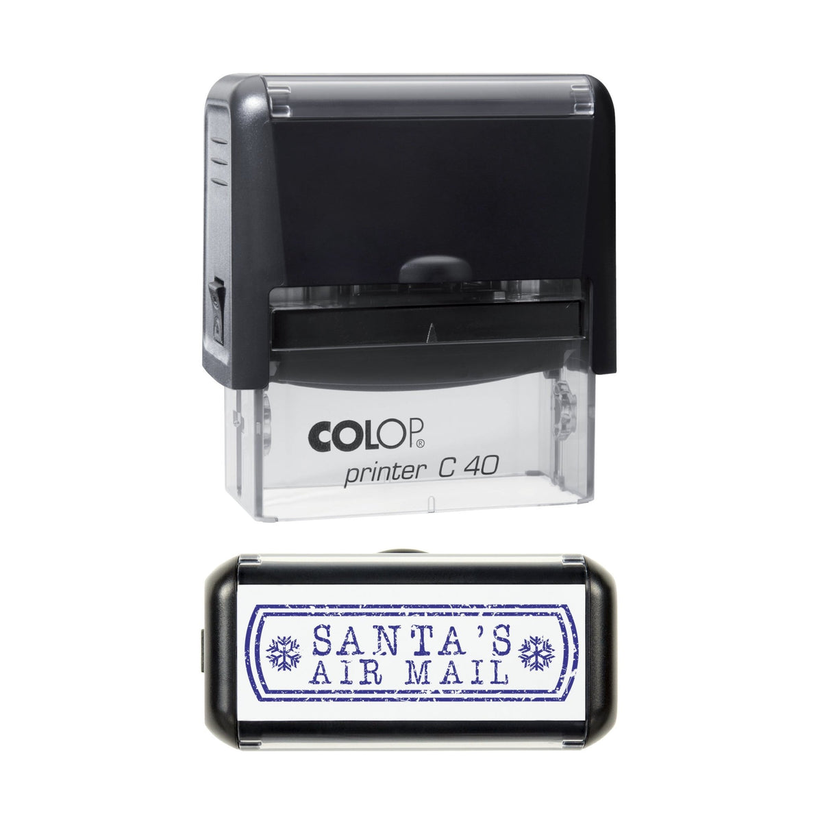 Stamp showing the Santa's Air Mail design, 58 x 22mm COLOP C40 self-inking stamp, violet ink