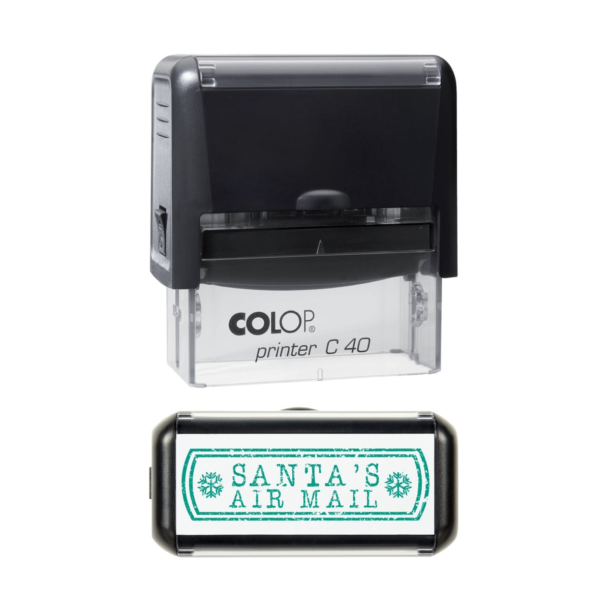 Stamp showing the Santa's Air Mail design, 58 x 22mm COLOP C40 self-inking stamp, green ink