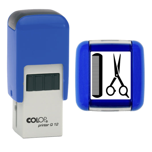 Stamp showing the Scissors And Comb Loyalty Card design, 12 x 12mm COLOP Q12 self-inking stamp, black ink