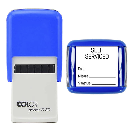 Stamp showing the Self Serviced design, 30 x 30mm COLOP Q30 self-inking stamp, black ink