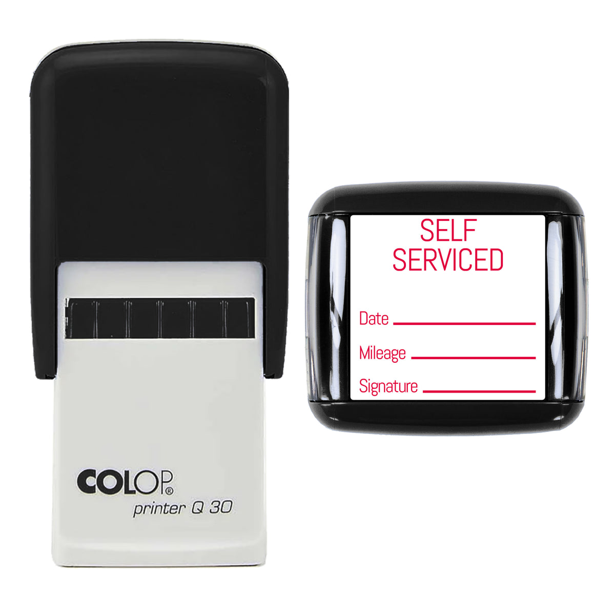 Stamp showing the Self Serviced design, 30 x 30mm COLOP Q30 self-inking stamp, red ink