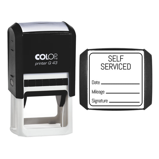 Stamp showing the Self Serviced design, 43 x 43mm COLOP Q43 self-inking stamp, black ink