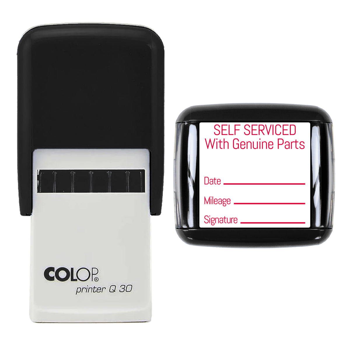 Stamp showing the Self Serviced With Genuine Parts design, 30 x 30mm COLOP Q30 self-inking stamp, red ink