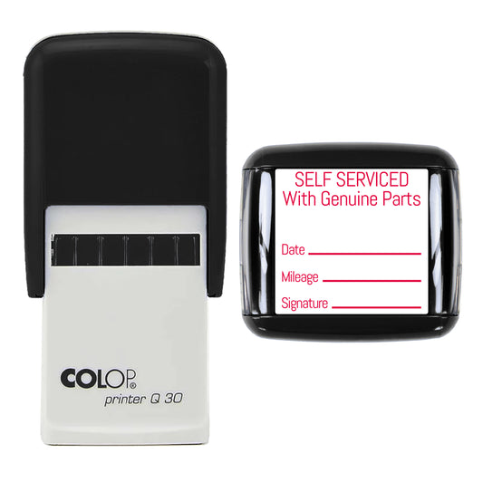Stamp showing the Self Serviced With Genuine Parts design, 30 x 30mm COLOP Q30 self-inking stamp, red ink