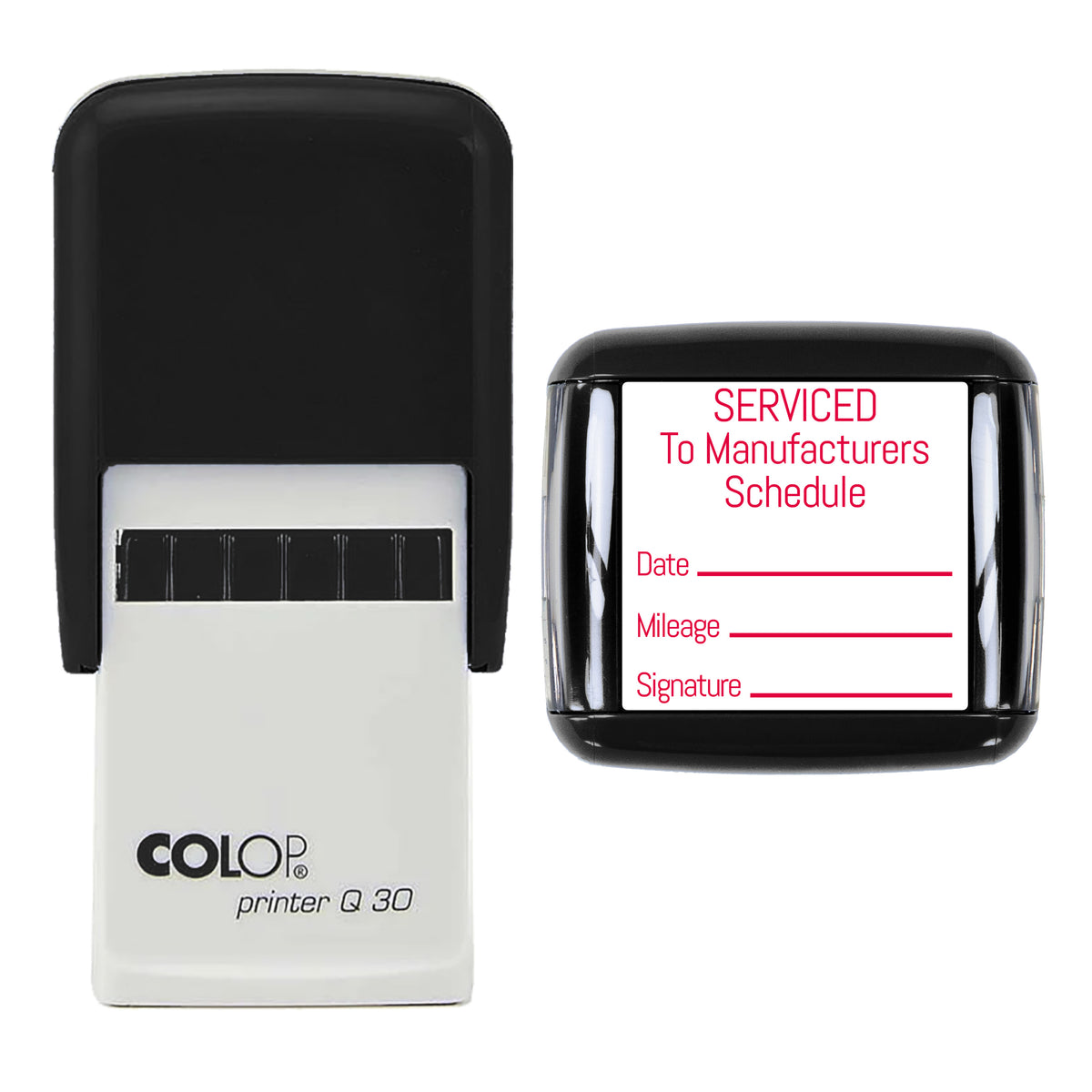 Stamp showing the Serviced To Manufacturers Schedule design, 30 x 30mm COLOP Q30 self-inking stamp, red ink