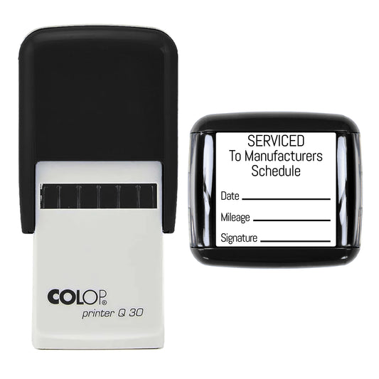 Stamp showing the Serviced To Manufacturers Schedule design, 30 x 30mm COLOP Q30 self-inking stamp, black ink