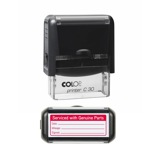 Stamp showing the Serviced With Genuine Parts Bold design, 45 x 18mm COLOP C30 self-inking stamp, red ink