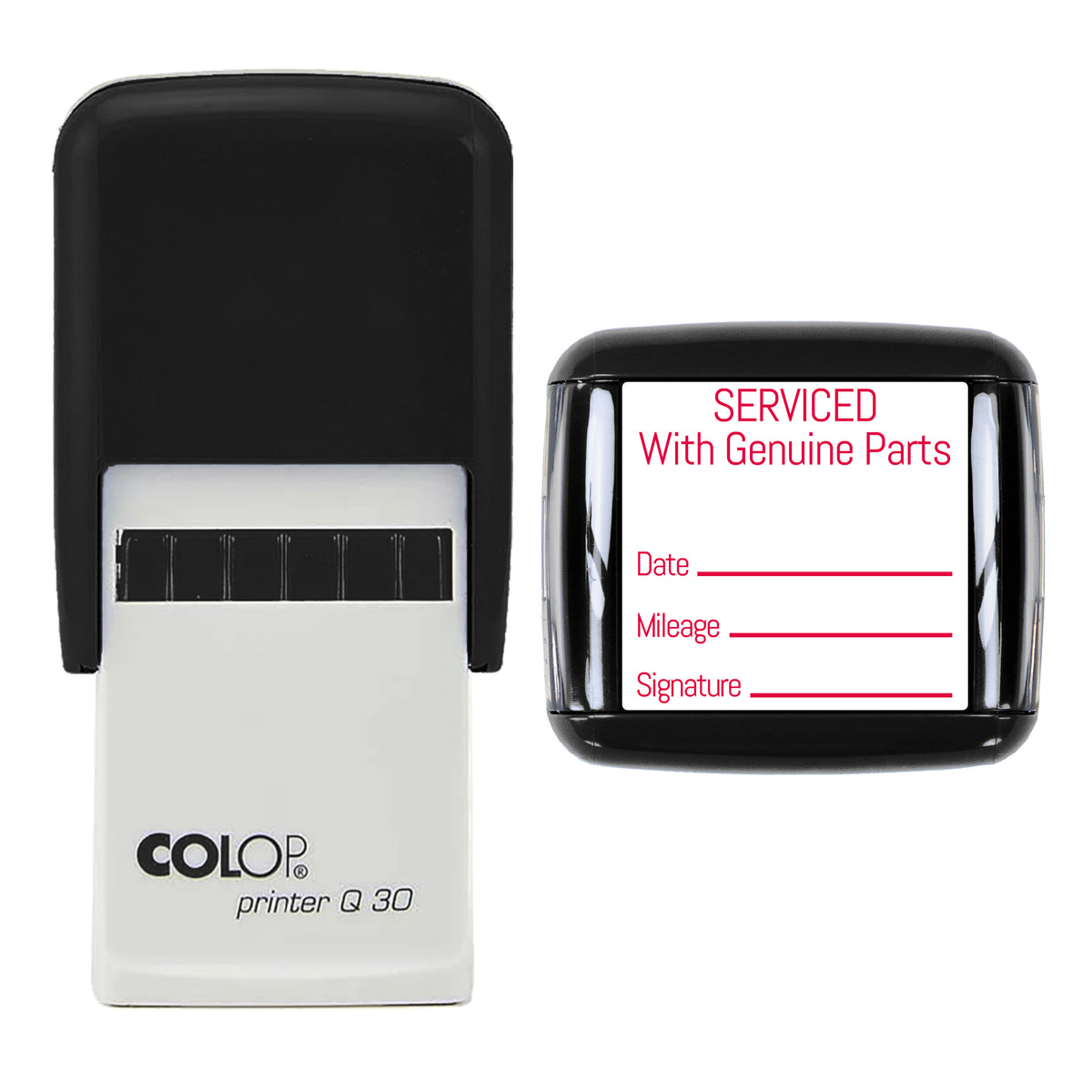 Stamp showing the Serviced With Genuine Parts design, 30 x 30mm COLOP Q30 self-inking stamp, red ink