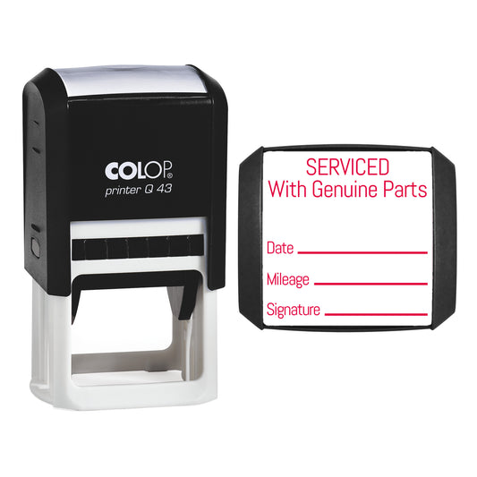 Stamp showing the Serviced With Genuine Parts design, 43 x 43mm COLOP Q43 self-inking stamp, red ink