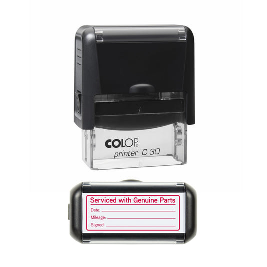 Stamp showing the Serviced With Genuine Parts with Fields design, 45 x 18mm COLOP C30 self-inking stamp, red ink