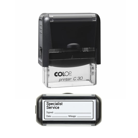Stamp showing the Specialist Service design, 45 x 18mm COLOP C30 self-inking stamp, black ink