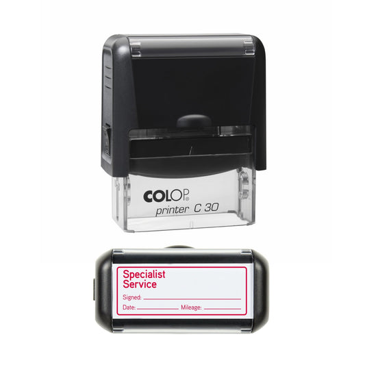 Stamp showing the Specialist Service design, 45 x 18mm COLOP C30 self-inking stamp, red ink