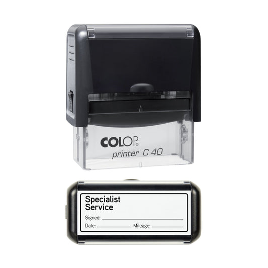 Stamp showing the Specialist Service design, 58 x 22mm COLOP C40 self-inking stamp, black ink