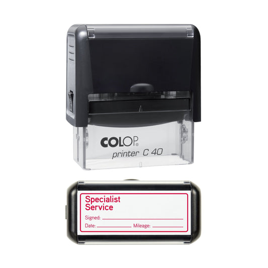 Stamp showing the Specialist Service design, 58 x 22mm COLOP C40 self-inking stamp, red ink