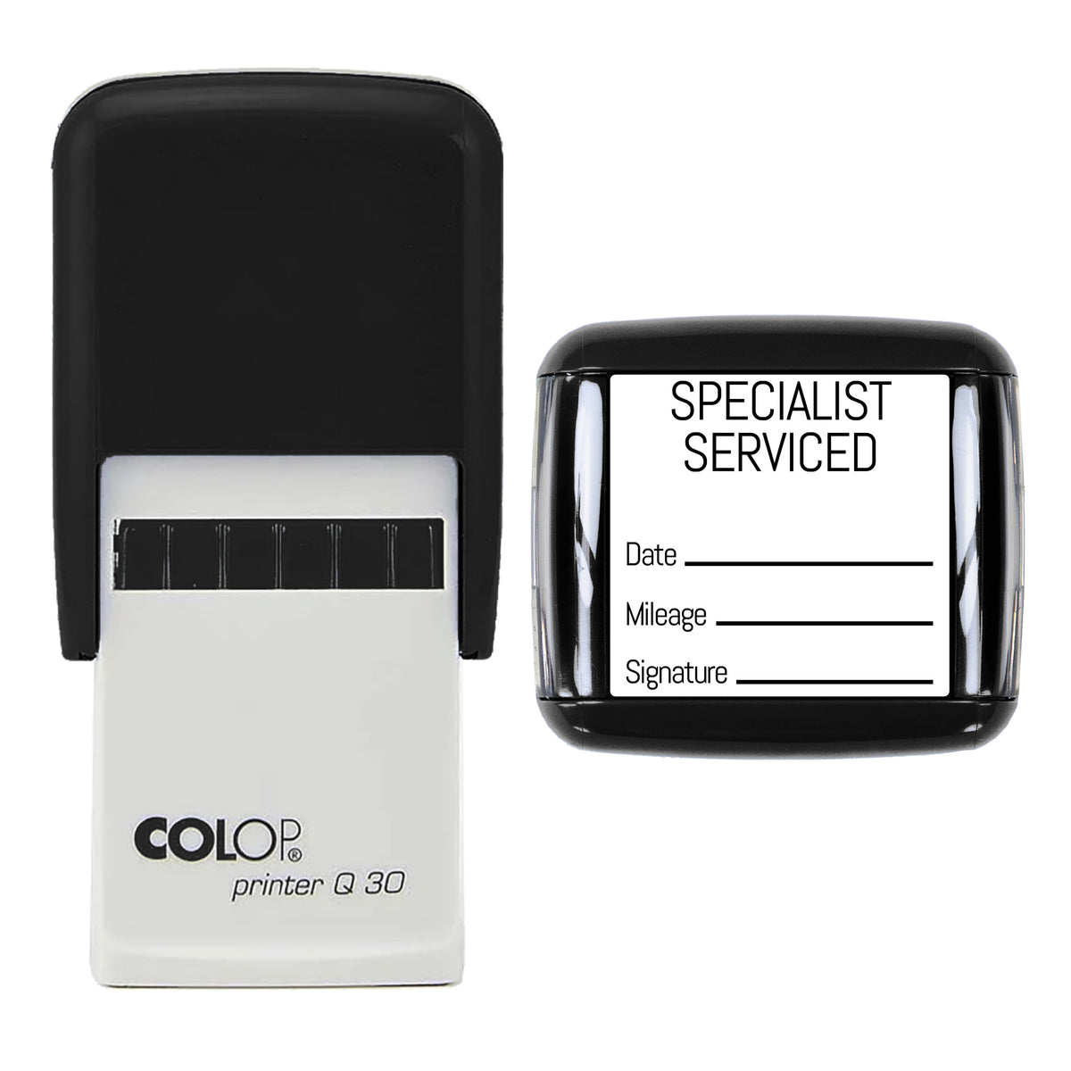 Stamp showing the Specialist Serviced design, 30 x 30mm COLOP Q30 self-inking stamp, black ink