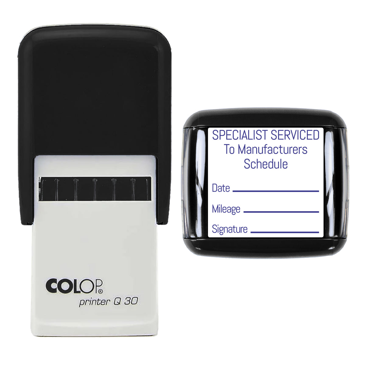 Stamp showing the Specialist Serviced To Manufacturers Schedule design, 30 x 30mm COLOP Q30 self-inking stamp, violet ink