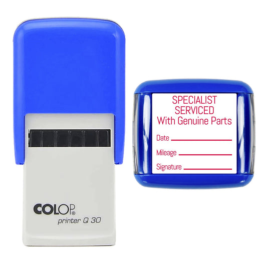 Stamp showing the Specialist Serviced With Genuine Parts design, 30 x 30mm COLOP Q30 self-inking stamp, red ink