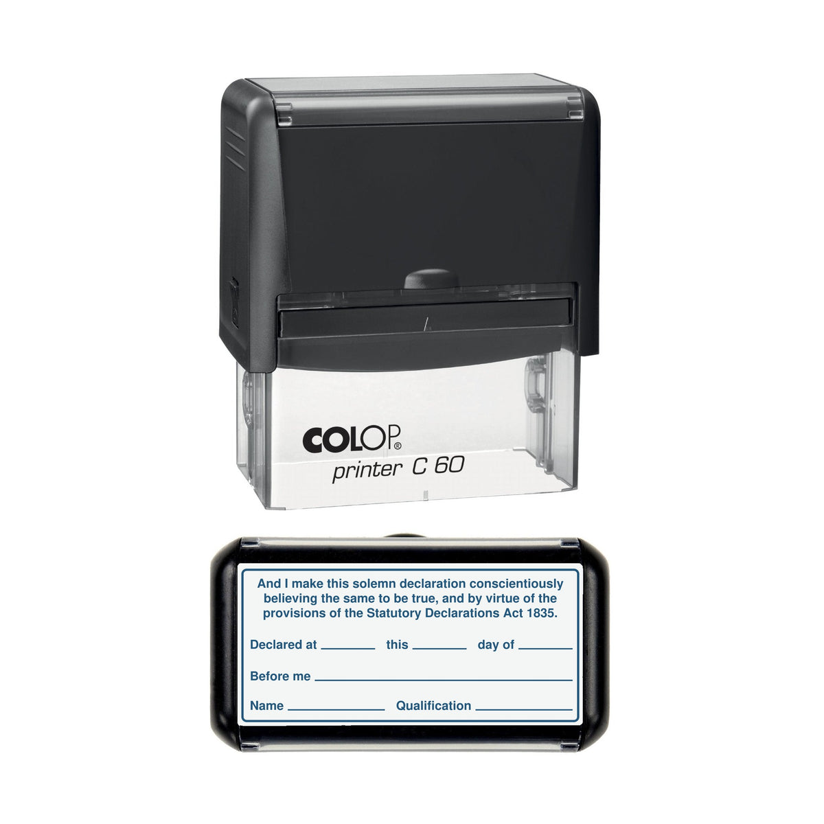 Statutory Declaration Closing Clause stamp, 77 x 36mm COLOP C60 self-inking stamp, blue ink