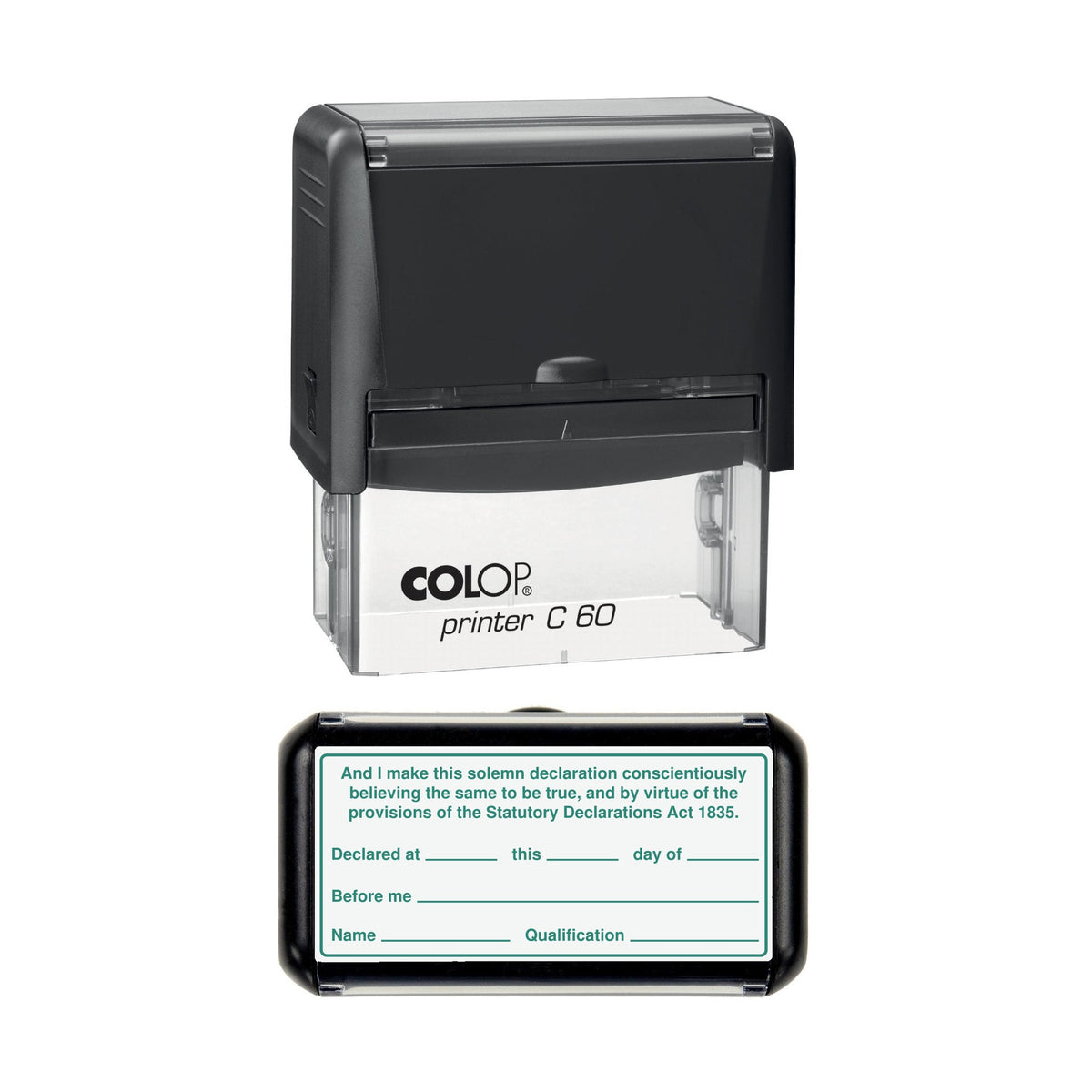 Statutory Declaration Closing Clause stamp, 77 x 36mm COLOP C60 self-inking stamp, green ink