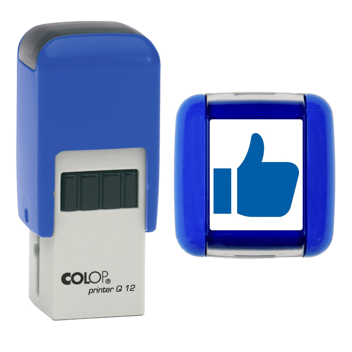 Stamp showing thumbs-up symbol, 12 x 12mm COLOP Q12 self-inking stamp, blue ink