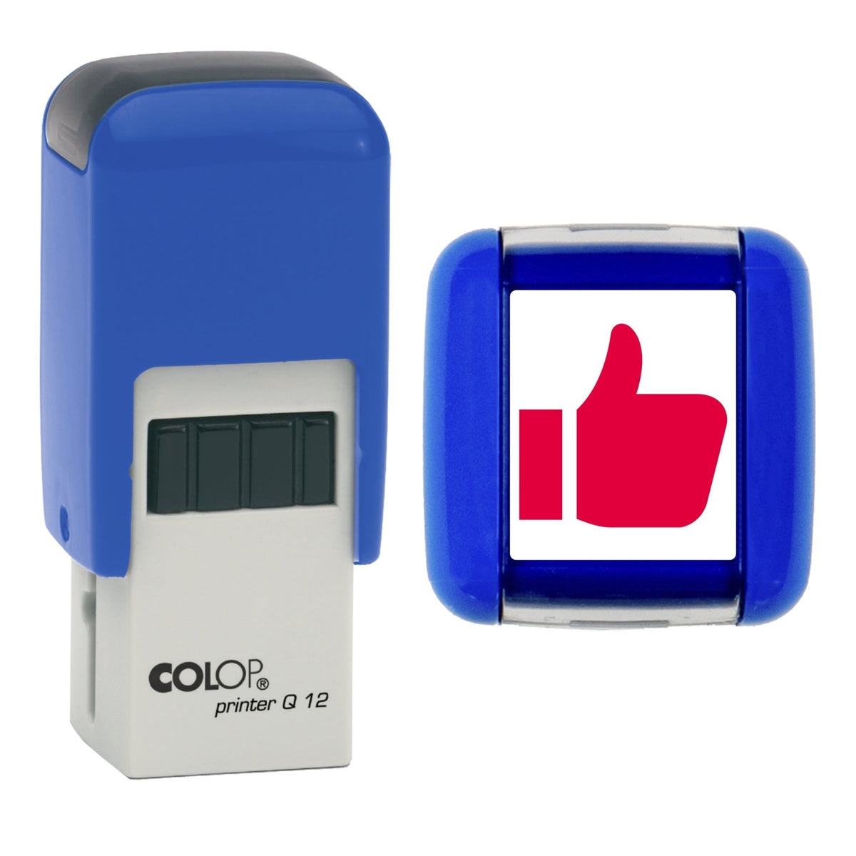 Stamp showing thumbs-up symbol, 12 x 12mm COLOP Q12 self-inking stamp, red ink