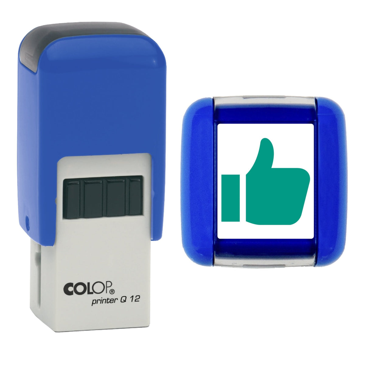 Stamp showing thumbs-up symbol, 12 x 12mm COLOP Q12 self-inking stamp, green ink