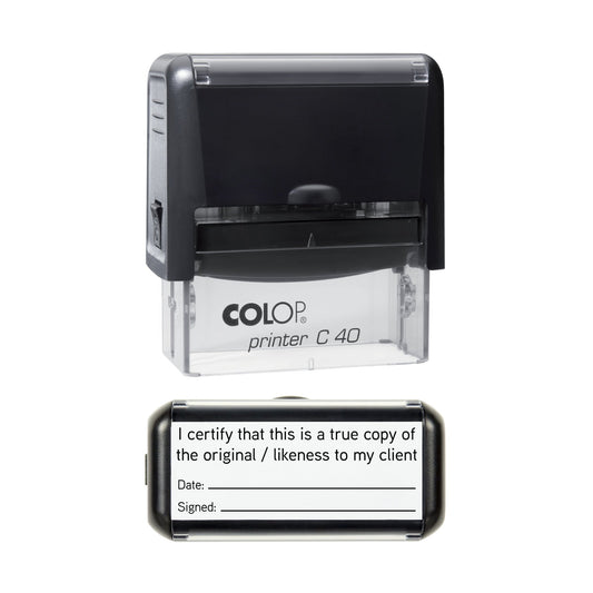 Stamp showing the True Copy or Likeness to My Client design, 58 x 22mm COLOP C40 self-inking stamp, black ink