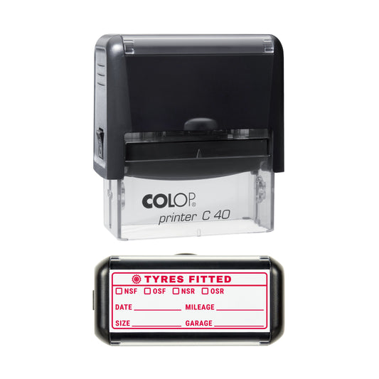 Stamp showing the Tyres Fitted Vehicle Service Record design, 58 x 22mm COLOP C40 self-inking stamp, red ink
