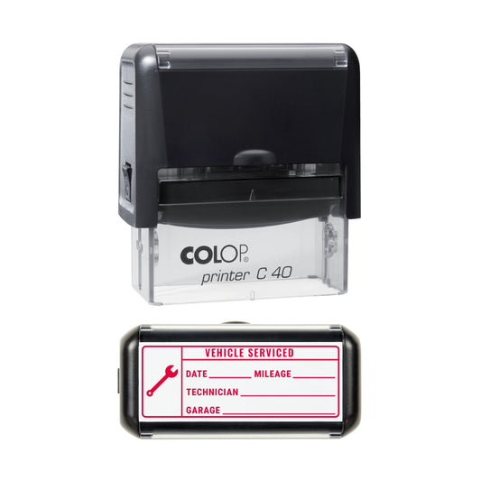 Stamp showing the Vehicle Serviced Spanner Record design, 58 x 22mm COLOP C40 self-inking stamp, red ink