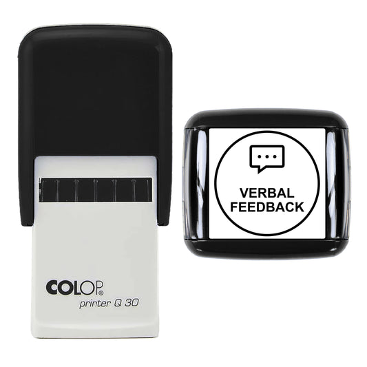 Stamp showing the Verbal Feedback design, 30 x 30mm COLOP Q30 self-inking stamp, black ink