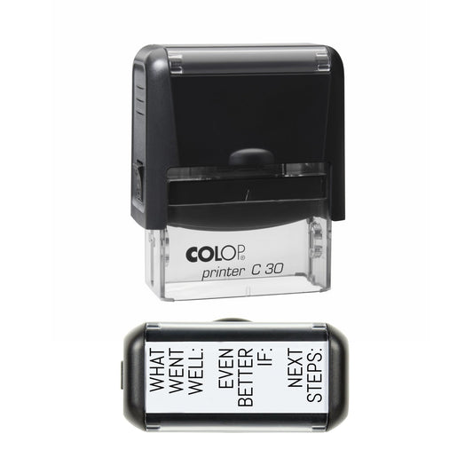 Stamp showing the What Went Well Even Better If, Teacher, School design, 45 x 18mm COLOP C30 self-inking stamp, black ink
