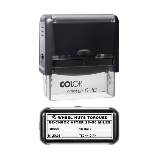 Stamp showing the Wheel Nuts Torqued Vehicle Service Record design, 58 x 22mm COLOP C40 self-inking stamp, black ink