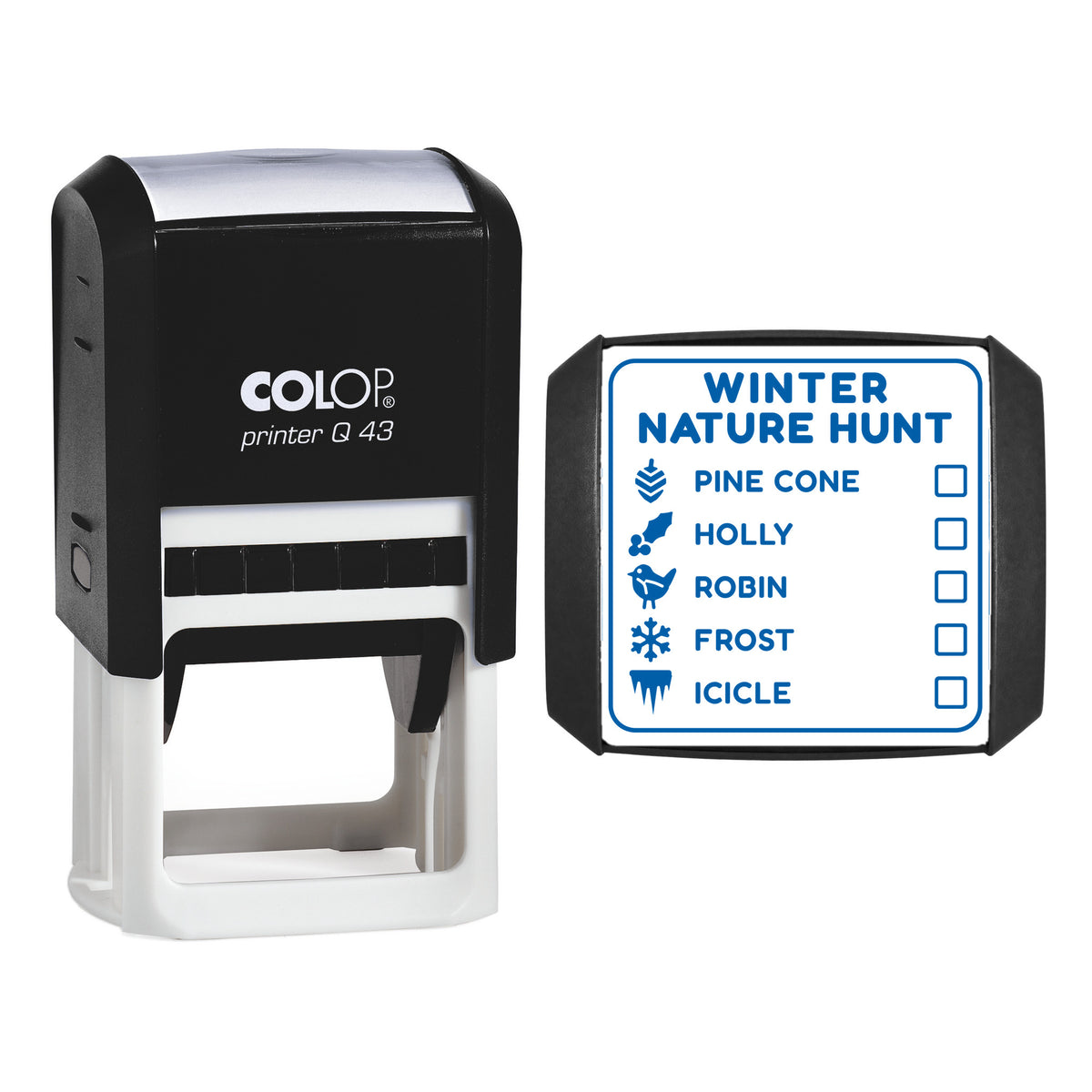 Winter Nature Hunt Checklist Stamp, COLOP Q43, 43 x 43mm, blue ink
