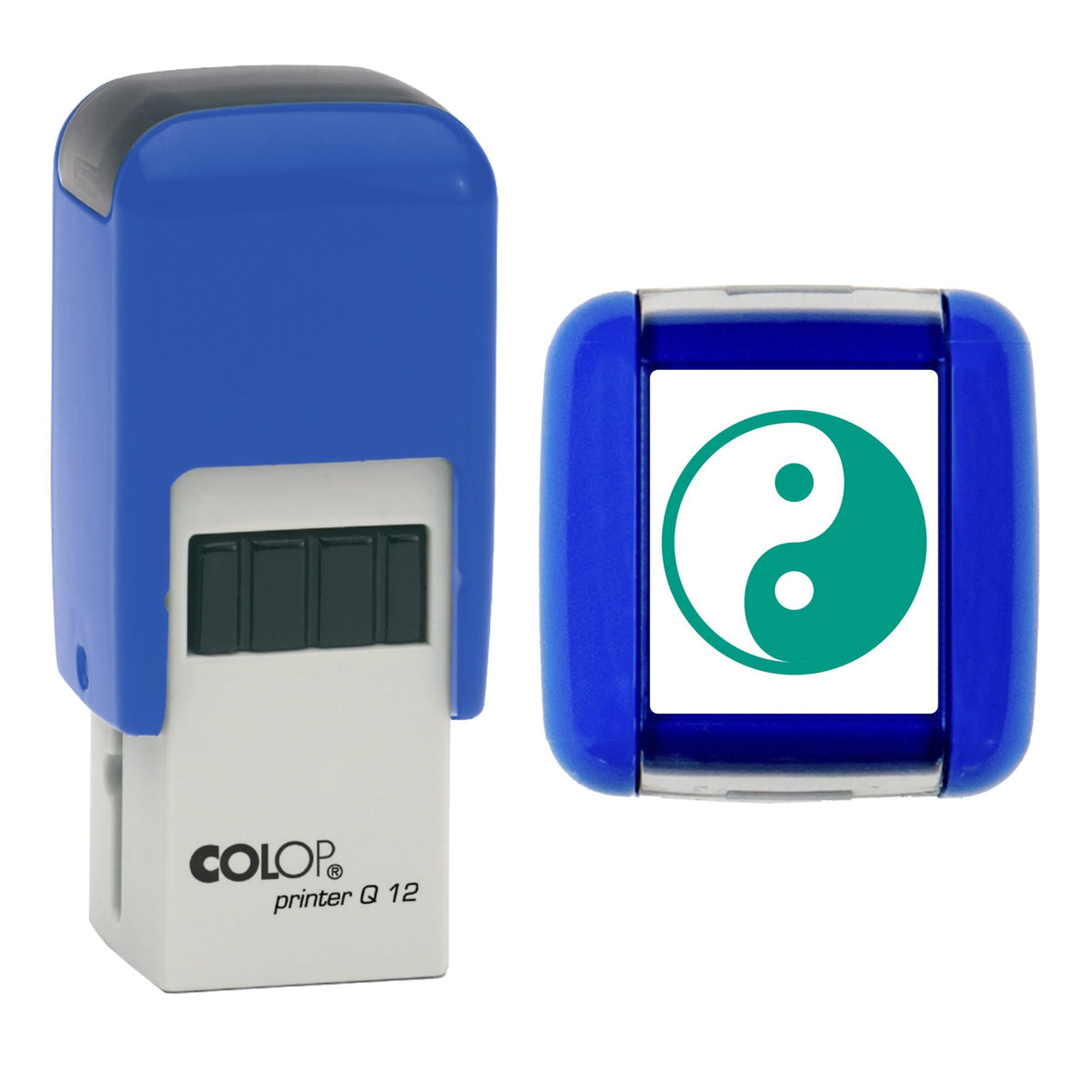 Stamp showing the Yin Yang Loyalty Card design, 12 x 12mm COLOP Q12 self-inking stamp, green ink