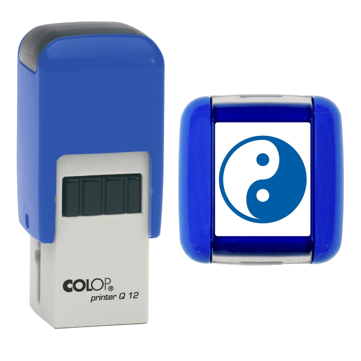Stamp showing the Yin Yang Loyalty Card design, 12 x 12mm COLOP Q12 self-inking stamp, blue ink