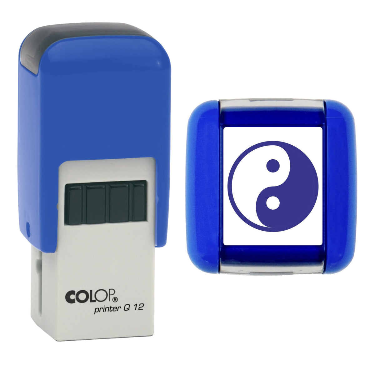 Stamp showing the Yin Yang Loyalty Card design, 12 x 12mm COLOP Q12 self-inking stamp, violet ink