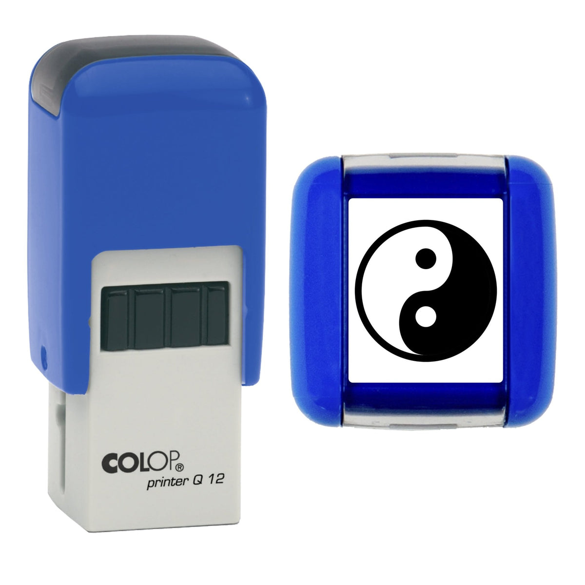 Stamp showing the Yin Yang Loyalty Card design, 12 x 12mm COLOP Q12 self-inking stamp, black ink