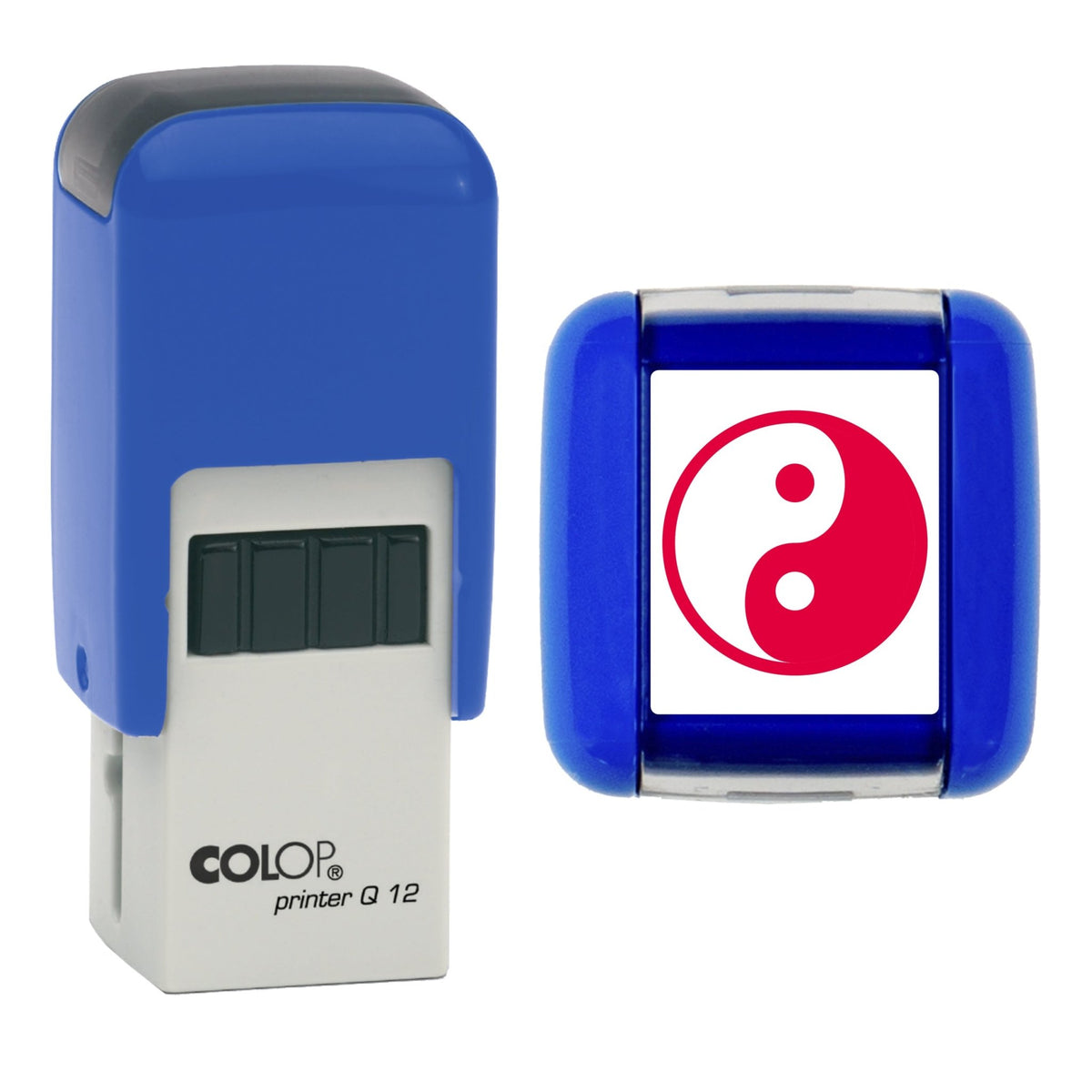 Stamp showing the Yin Yang Loyalty Card design, 12 x 12mm COLOP Q12 self-inking stamp, red ink