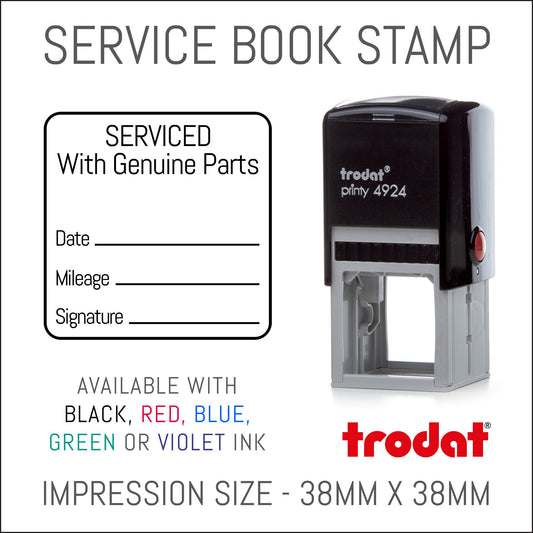 Serviced With Genuine Parts - With Outline - Self Inking Rubber Stamp - Trodat 4924 - 38mm x 38mm Impression
